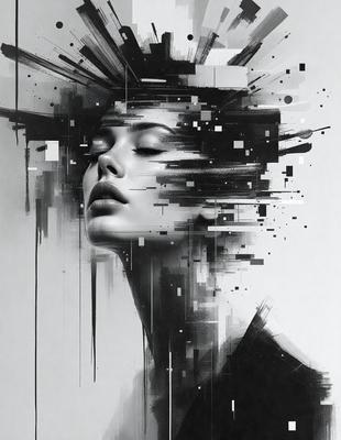 The primary subject of the image is a woman with a black and white face, which appears to be a digital art or illustration. The setting is a black and white background, and the visual style is a combination of digital art and drawing. The woman's face is the main focus of the image, and the overall atmosphere is one of artistic expression and creativity.